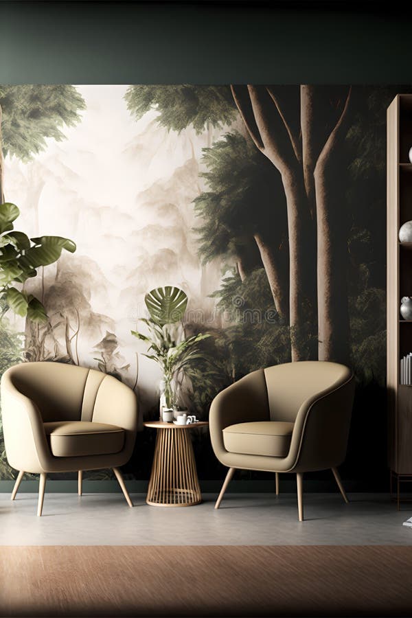 Modern Living Room Interior with Wallpaper Jungle Tropi Stock