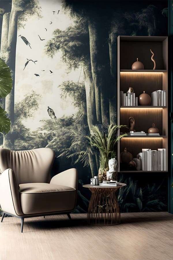 Modern Living Room Interior with Wallpaper Jungle Tropi Stock
