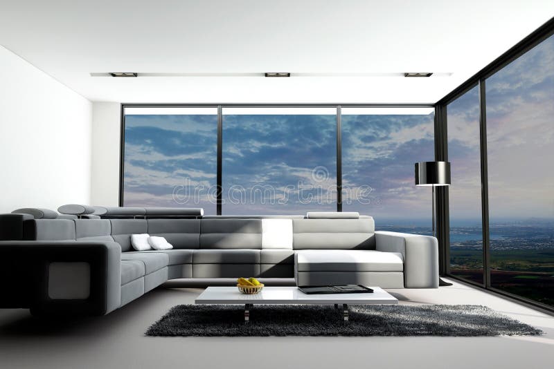 Modern Living Room with Landscape View Stock Illustration