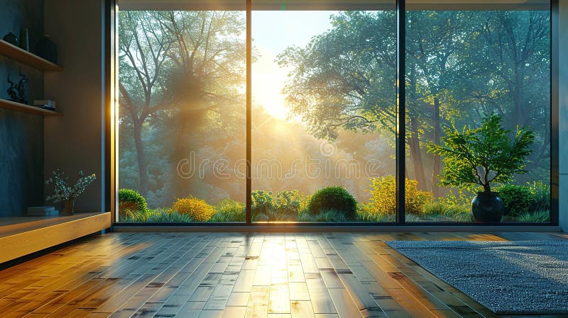 Modern living room with large windows overlooking a lush green forest with sunbeams shining through the trees stock illustration