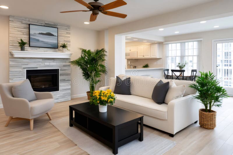 Modern living room showcasing open concept design with fireplace and kitchen view royalty free illustration