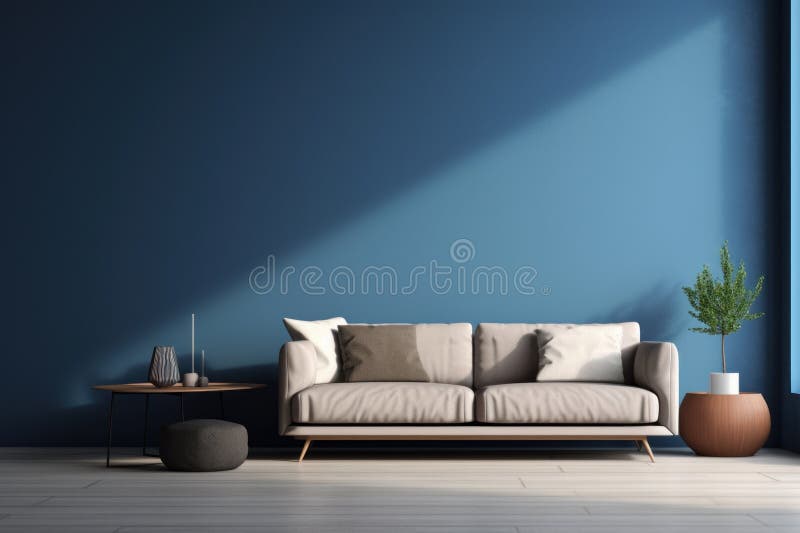Modern Living Room with Sofa, Blue Wall and Green Plant Stock Photo