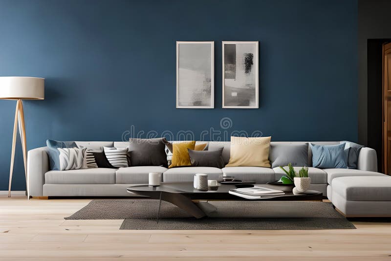 A Modern Living Room with a Sofa, Table and Artwork on the Wall Stock