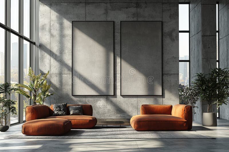 A Modern living room with two blank posters on concrete wall, featuring orange sofas, indoor plants, and natural sunlight. Two sofas stock images, royalty-free photos and pictures