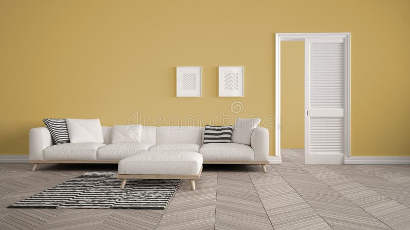 Modern living room with white sofa and carpet, yellow wall background with open door, herrigbone parquet, template background with