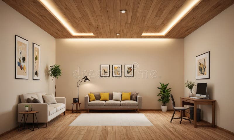 Modern Living Room With Wooden Ceiling White Walls And Beige Carpet Modern Living Room With Wooden Ceiling White Walls And Beige Carpet