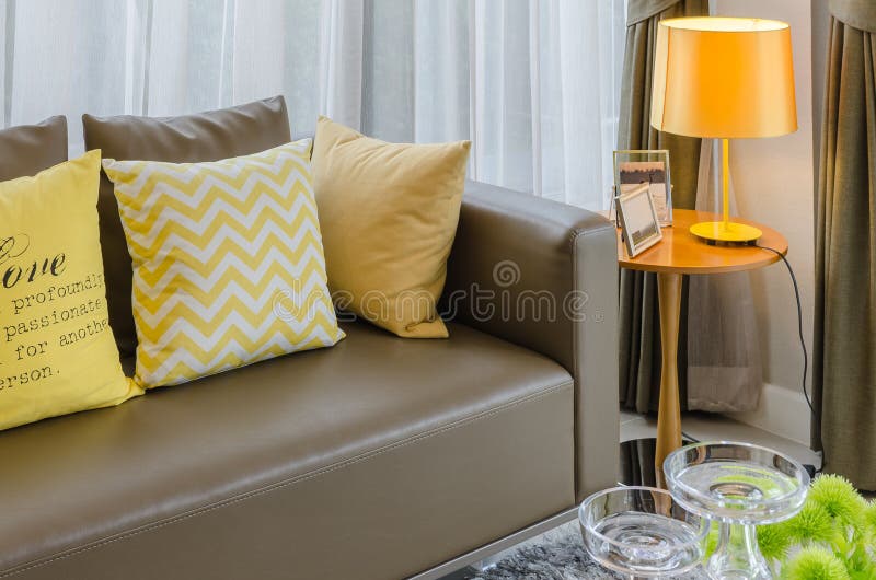 Modern Living Room with Yellow Lamp Stock Image Image of elegant