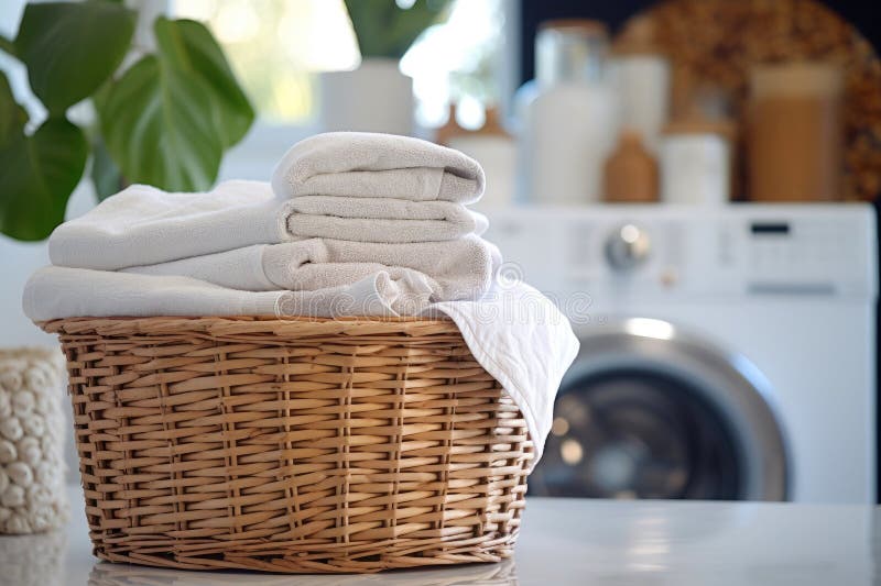Modern living: a washing machine and a basket of freshly washed clothes stock illustration
