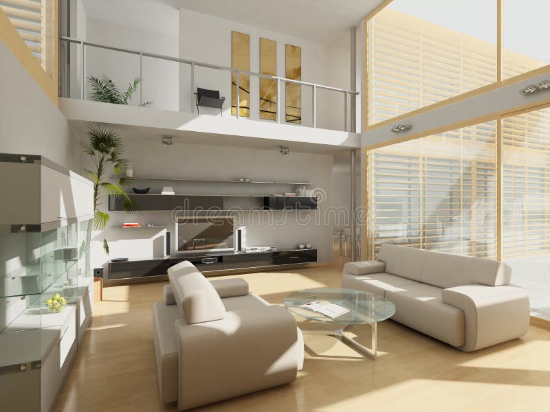Modern livingroom with large windows. stock photo