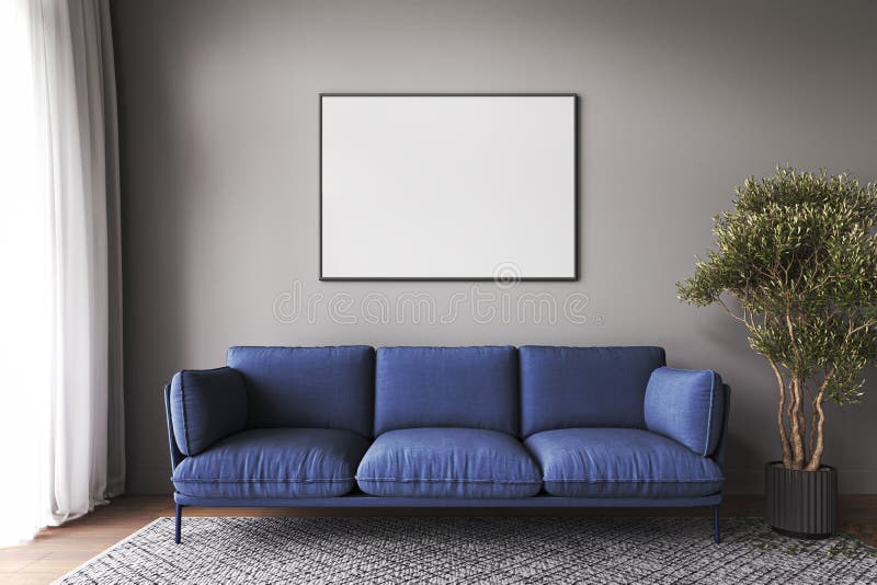 Modern livingroom mockup with dark blue sofa and green plant tree. Modern rug, picture frame and empty gray wall. Luxury