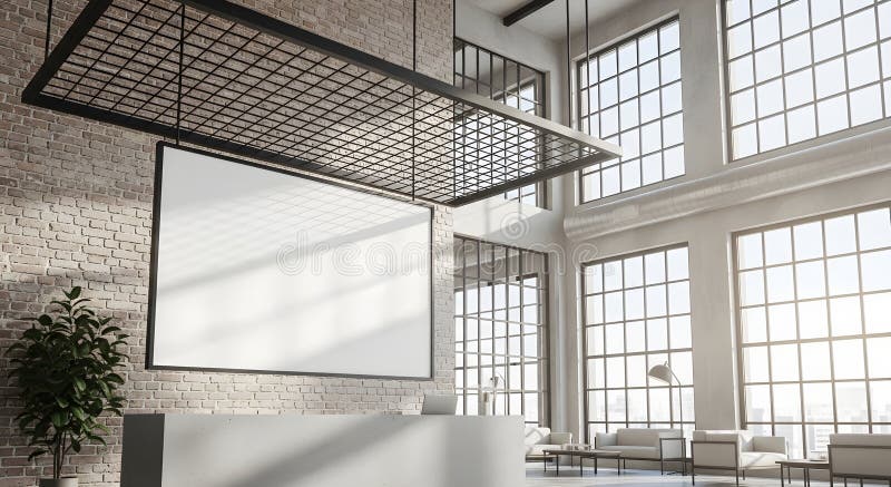 Modern Loft Reception Area with Blank Screen stock illustration