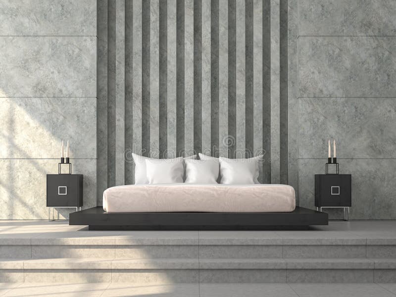 Modern loft style bedroom 3d render,There concrete tile floor,polished concrete wall with horizon groove and virtical column pattern,furnished with black wood furniture.