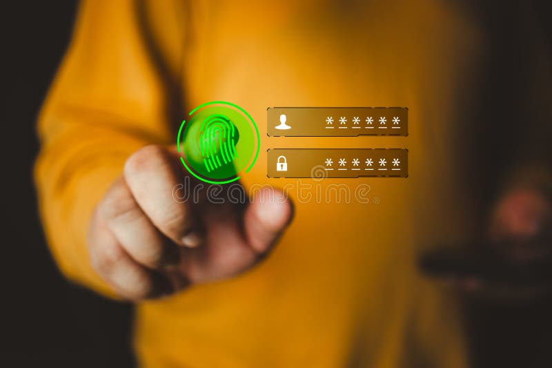 A modern login interface concept showing username and password fields with a hand interacting with the login button stock photo