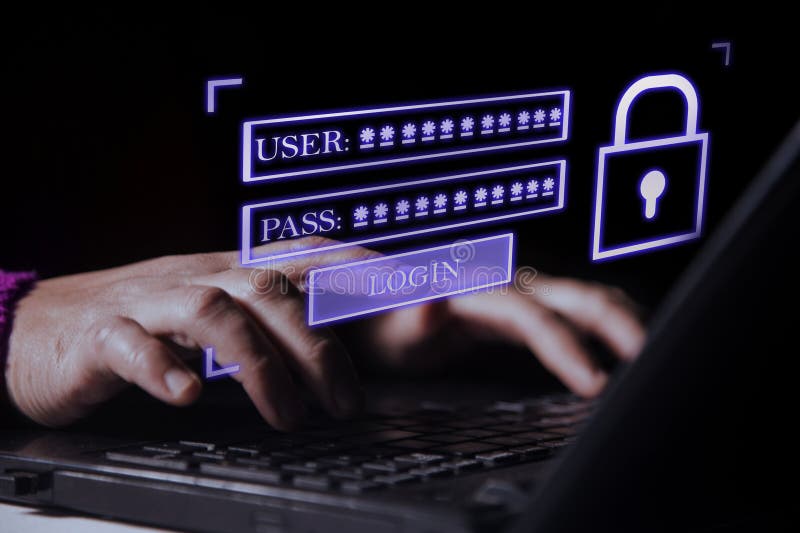 A modern login interface concept showing username and password fields on a laptop screen, with a hand interacting with the login stock image