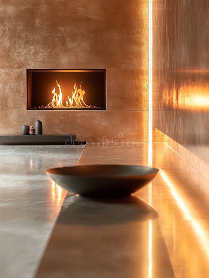 Modern luxurious interior with a sleek fireplace. royalty free stock photography
