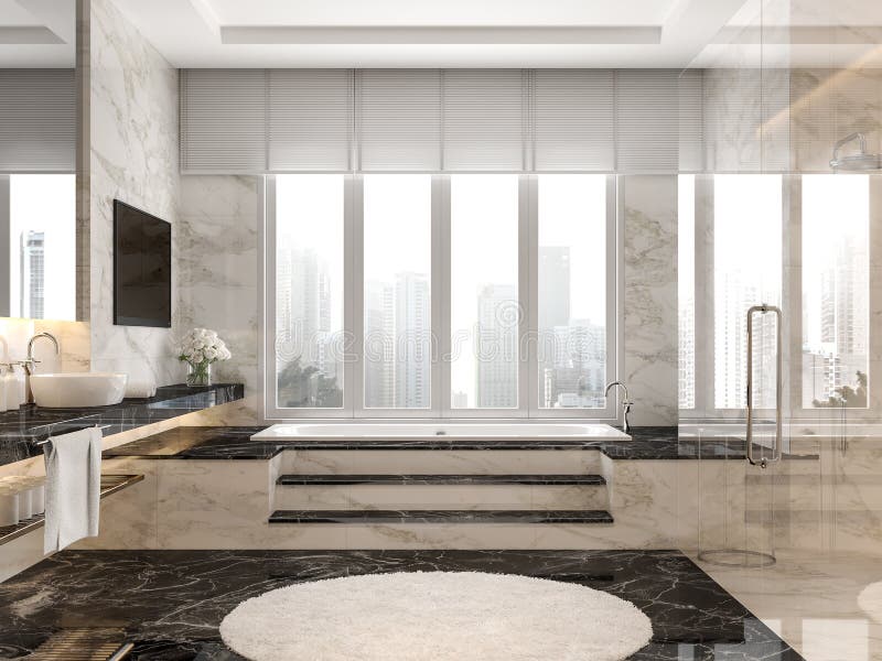 Modern luxury bathroom with black and white marble tile 3d render