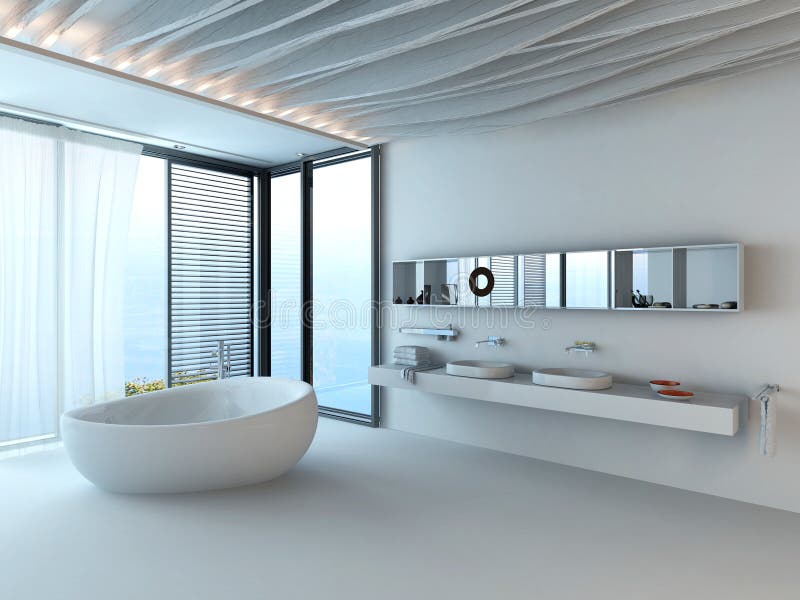Image of Modern luxury bathroom interior with white bathtub
