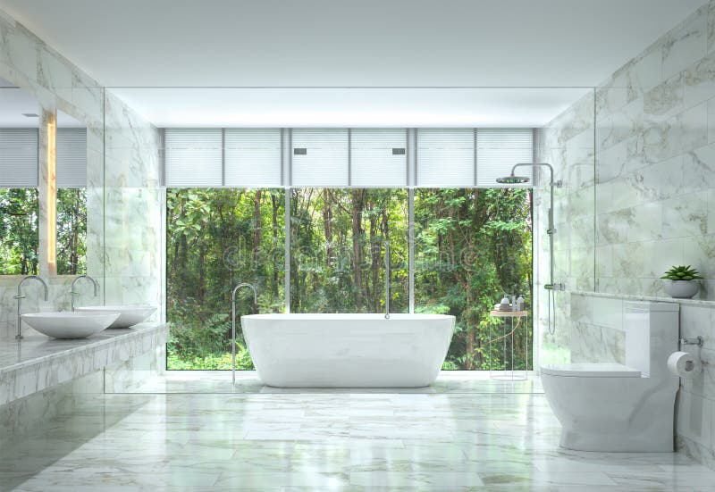 Modern luxury bathroom with nature view 3d rendering image vector illustration