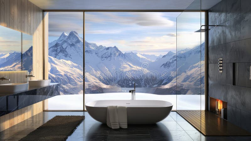 Modern Luxury Bathroom with a Scenic Mountain View Stock Photo - Image ...