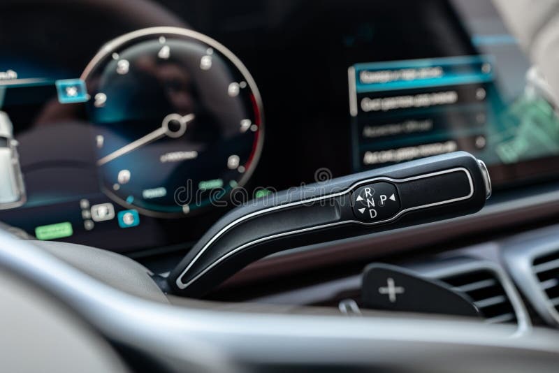 Modern Luxury Car Interior with Steering Wheel, Multimedia and