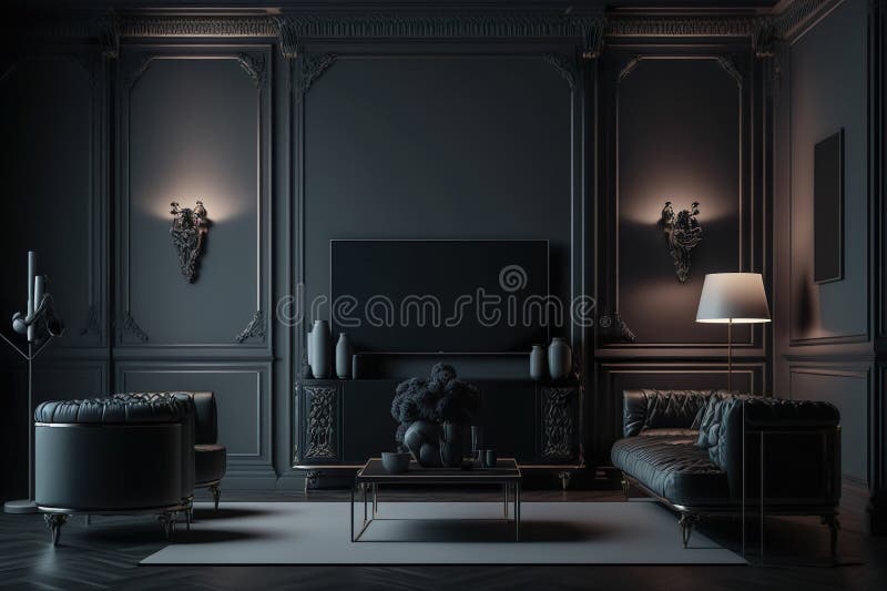 Modern Luxury Dark Living Room Interior Mock Up Generative AI Stock Illustration