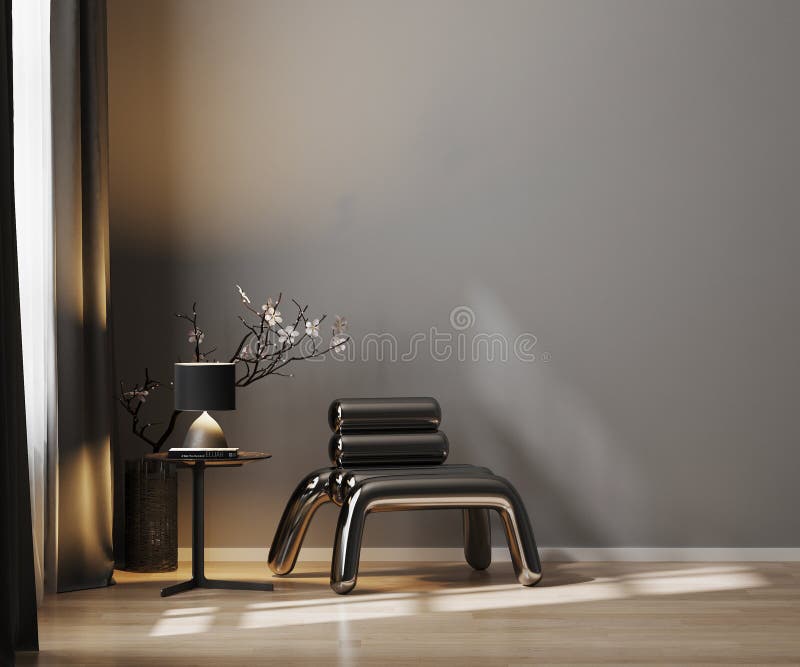 Modern Luxury Dark Tones Living Room Interior Background with Gray Wall,  Metal Armchair with Lamp and Coffee Table Near Window Stock Illustration -  Illustration of metal, hotel: 214011503