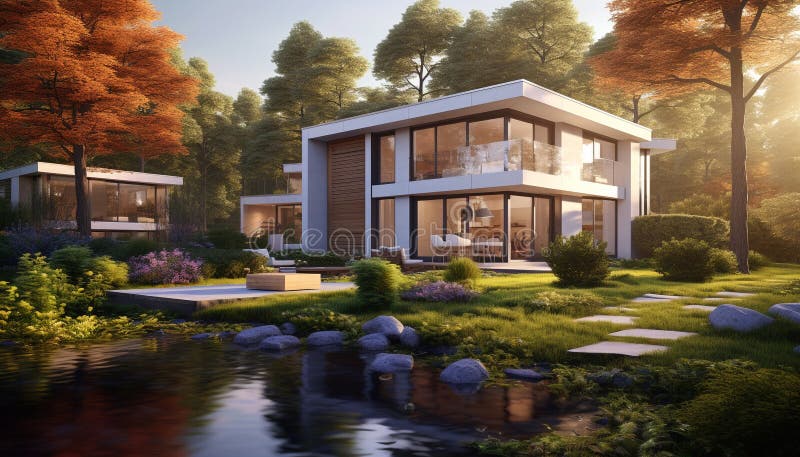 Modern luxury home in nature landscape with green grass lawn generated by AI vector illustration