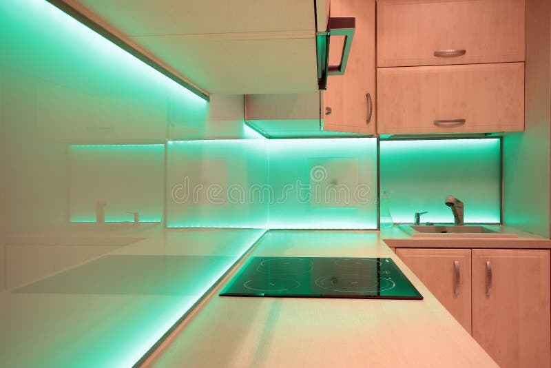 Modern Luxury Kitchen with Green LED Lighting Stock Image Image of