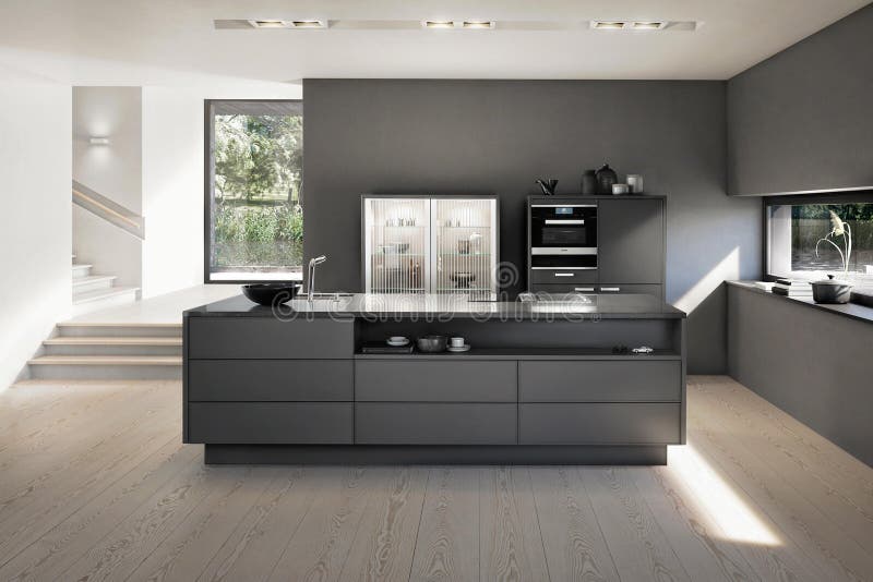 Modern Luxury Kitchen Interior Design in Minimal Style. Stock Photo