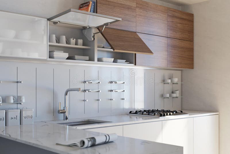 Modern Luxury Kitchen Interior Design in Minimal Style. Stock Photo