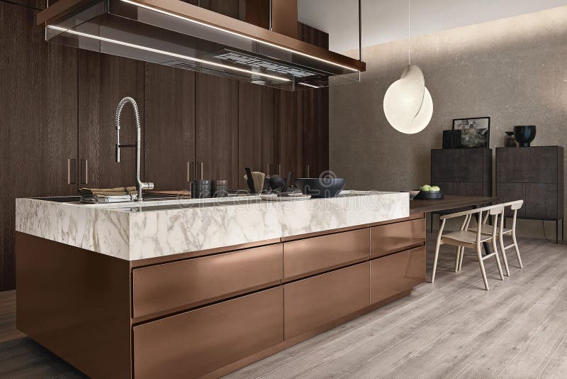 Modern Luxury Kitchen Interior Design in Minimal Style. Stock Photo