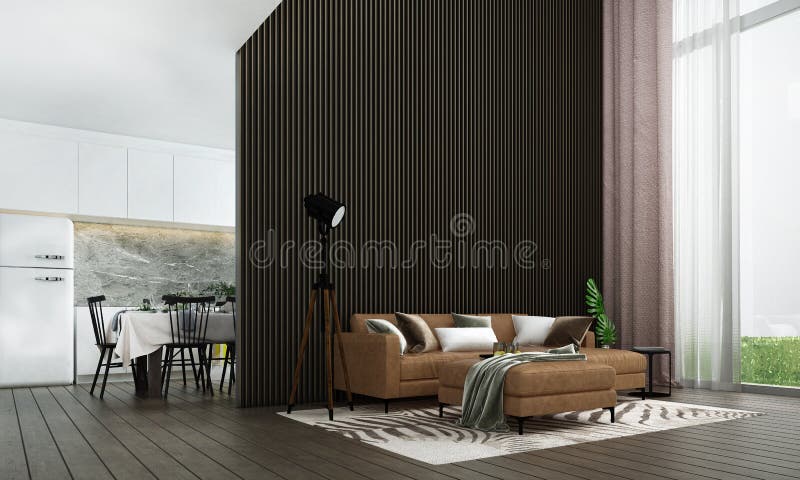 Modern luxury living room interior design and wood stripe texture wall pattern background and kitchen room and sea view vector illustration Modern luxury living room interior design and wood stripe texture wall pattern background and kitchen room and sea view vector illustration