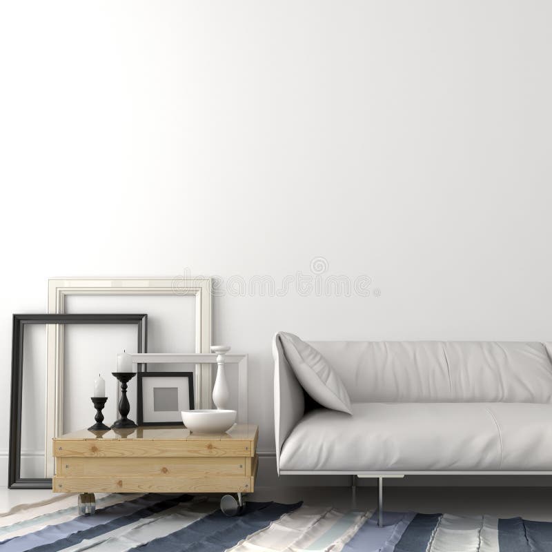 Modern lädersoffa och träkaffetabell arkivfoton