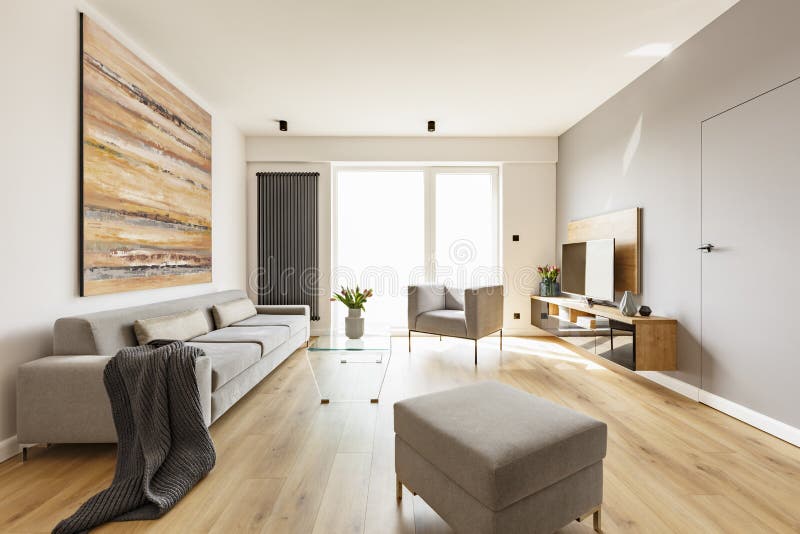 Modern lägenhetinre med en grå soffa, fotapall och armcha fotografering för bildbyråer