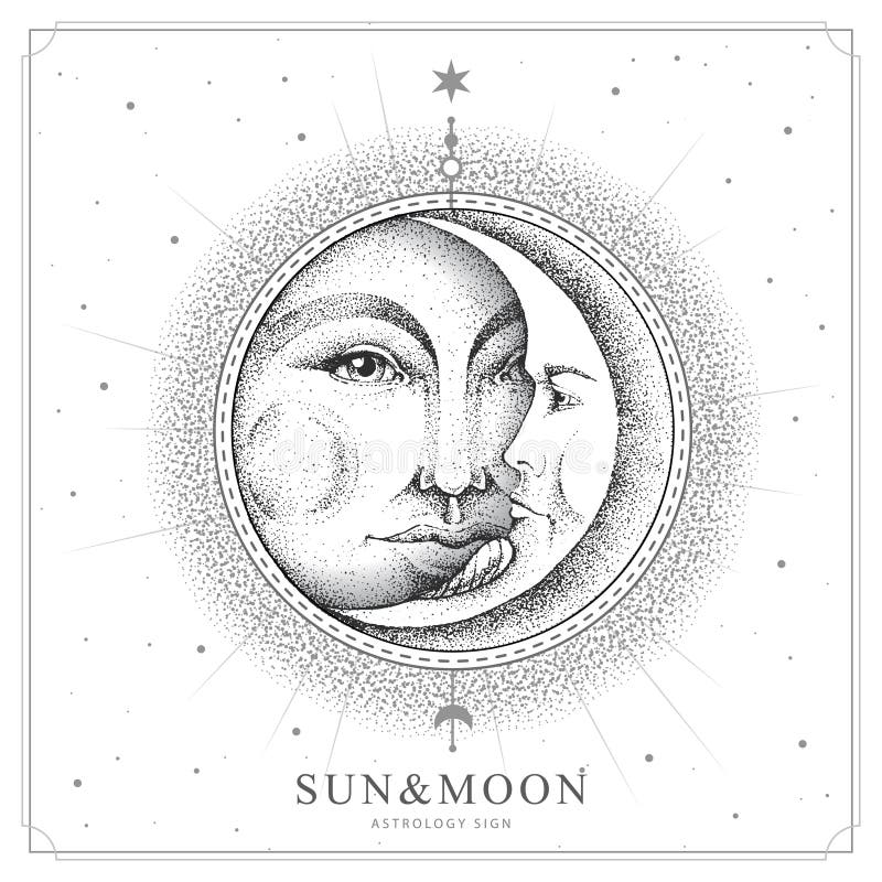 Modern magic witchcraft card with astrology sun and moon sign with human face. Day and nignt. Realistic hand drawing illustration