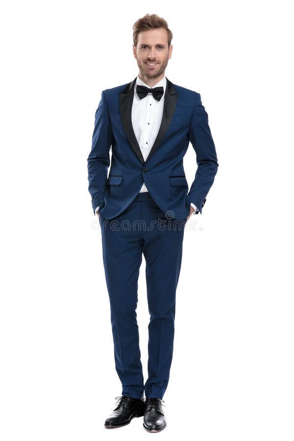 Modern Man In Blue Tuxedo Standing With Hands In Pockets Stock Image ...