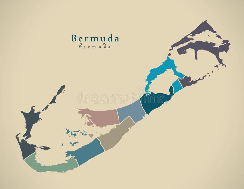 Modern Map - Bermuda with parishes colored BM stock illustration.