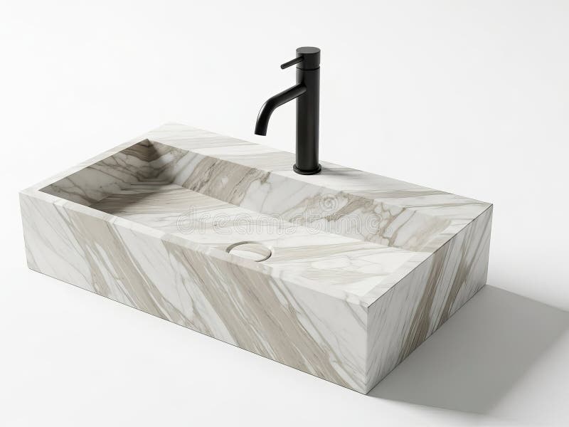 This image showcases a sleek and contemporary bathroom sink crafted from marble. The sink features a rectangular design with smooth, polished edges. The marble has a light gray background with subtle, elegant veining. A single, minimalist black faucet is mounted on the right side, adding a touch of sophistication. The overall aesthetic is clean and modern, ideal for a luxurious bathroom setting. Sink ideal illustrations