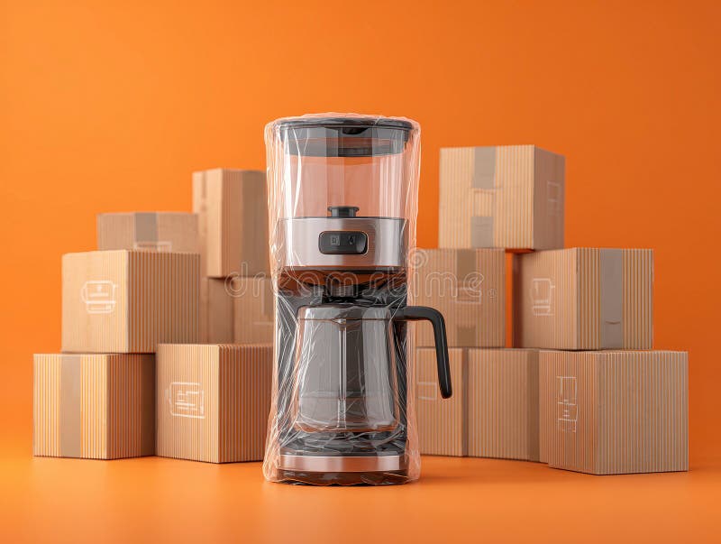Modern matte silver coffee maker on a stack of orange cardboard boxes, contrasting in color and setting - AI-Generated. Cardboard color shapes stock images, royalty-free photos and pictures