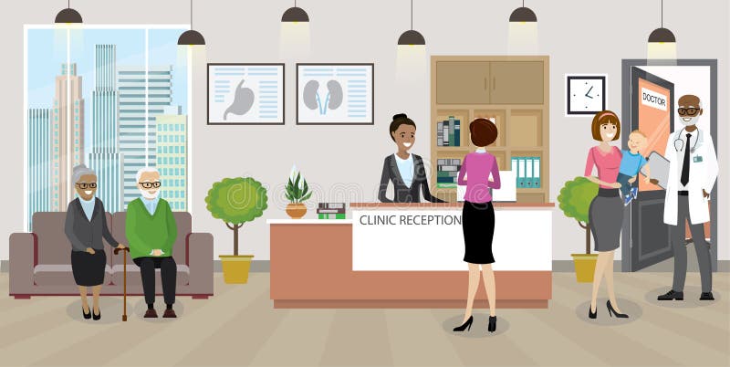 Clinic Reception. Hospital Patients, Doctor Waiting Room and People ...