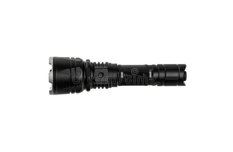 Modern Metal LED Flashlight in Black Color. Portable Flashlight Isolate