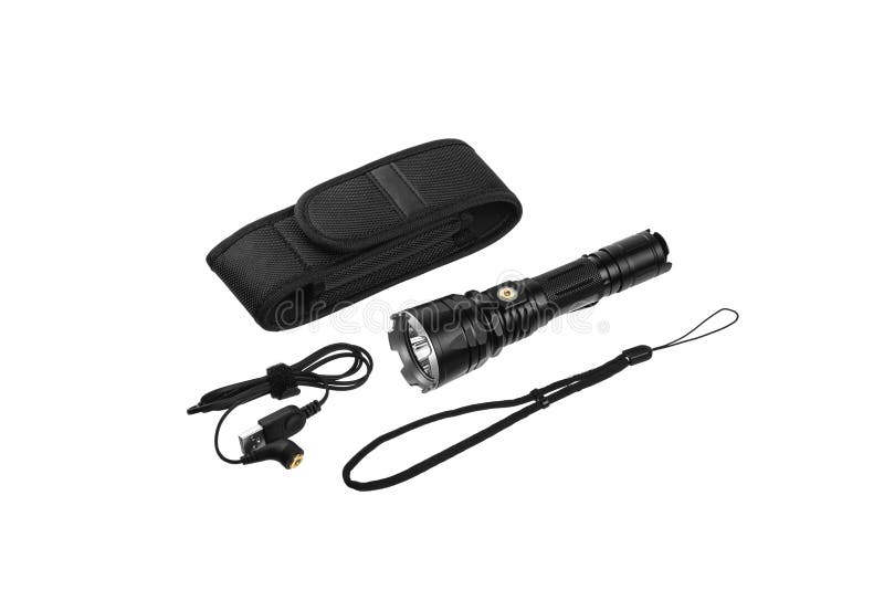 Modern Metal LED Flashlight in Black Color. Portable Flashlight Isolate