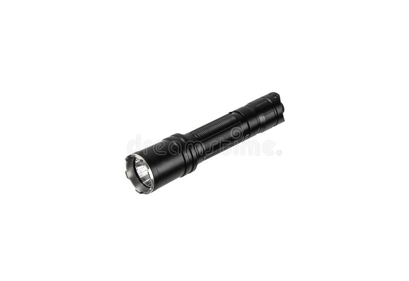 Modern Metal LED Flashlight in Black Color. Portable Flashlight Isolate