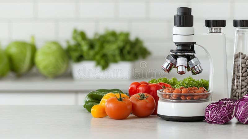 Microscope Vegetables and Food Science Research in Kitchen Setting royalty free illustration.