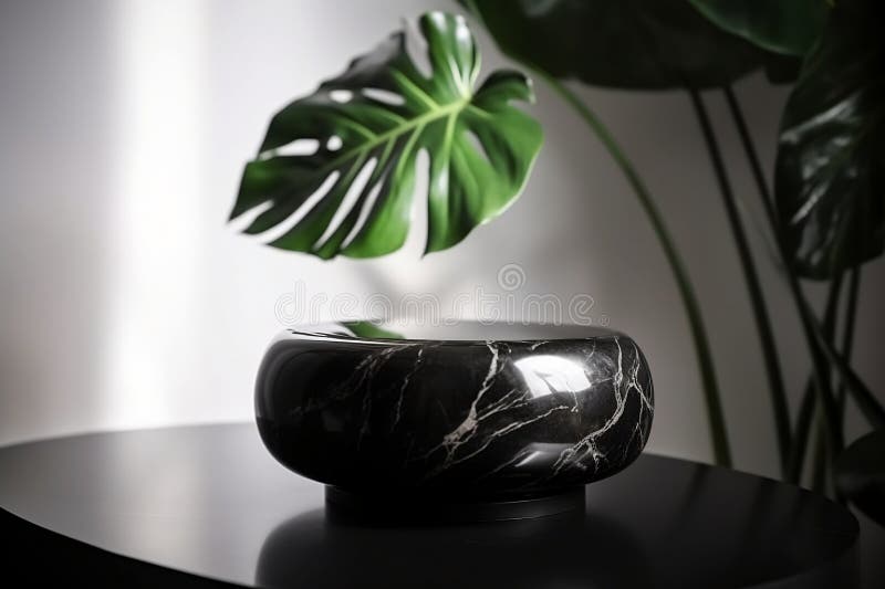 Elevate your presentation with this modern minimal black round marble pedestal table podium featuring a fresh plant, AI royalty free illustration