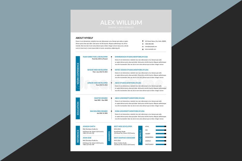 Modern and Minimal Blue Resume Template Vector stock illustration