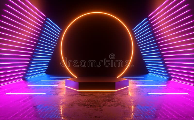 Modern Minimal Empty Hexagon Podium Display Stage With Neon Sci Fi Light Glowing Perspective On Grunge Floor Background 3d stock illustration