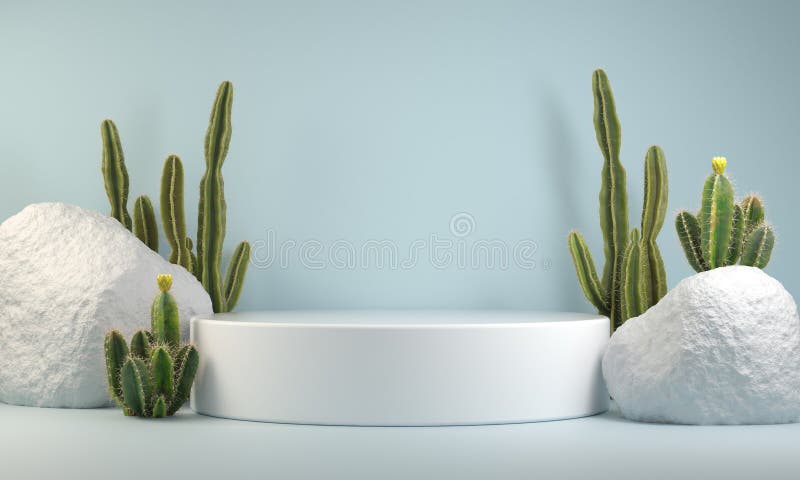 Modern Minimal Empty Podium Display Shelves Cactus Blue Pastel Backgrounds 3d Rendering stock illustration