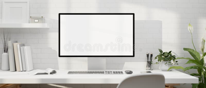 Modern minimal white working space with PC computer mockup over the white brick wall vector illustration