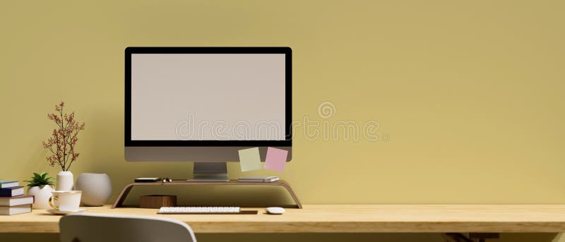 Modern minimal workspace with pc computer over pastel yellow background stock illustration
